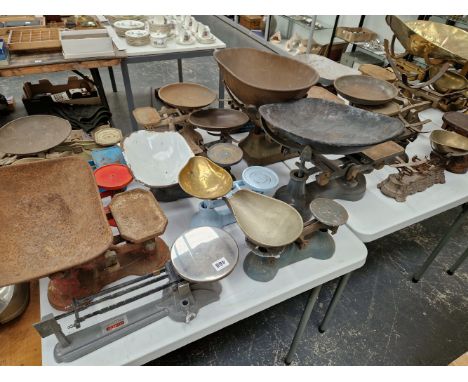 TWENTY EIGHT VARIOUS SETS OF SCALES TOGETHER WITH A WOODEN TRUNK CONTAINING SOME WEIGHTS