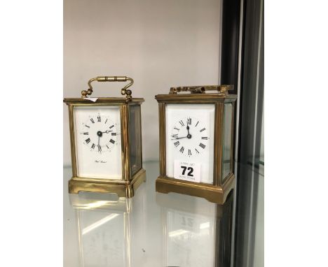 A PAUL LAVANT FRENCH CARRIAGE CLOCK TOGETHER WITH A FURTHER FRENCH EXAMPLE ENGRAVED AND PRESENTED TO GRAHAM LESLEY 1974. BOTH