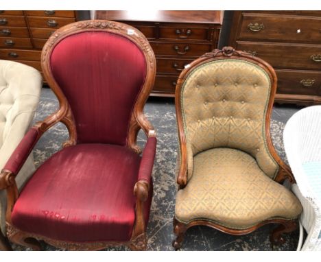 A VICTORIAN MAHOGANY HOOP BACKED SHOW FRAME ARMCHAIR TOGETHER WITH A ROSEWOOD SHOW FRAME ARMCHAIR WITH BUTTON UPHOLSTERED BAC