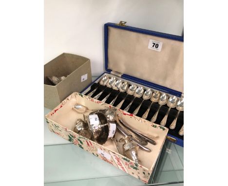 HALLMARKED SILVER TO INCLUDE GEORGIAN CUTLERY VARIOUS CRUETS A SET OF TWELVE CASED SPOONS LOADED CANDLE STICKS AND AN ASPREY 