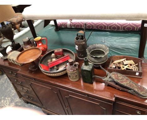 A DOULTON HARVEST JUG, A TREEN TAZZA, CLOCK ROMAN NUMERALS, BRASS FLARED VASE, POTTERY BOWL, ALABASTER LAMP, ETC.