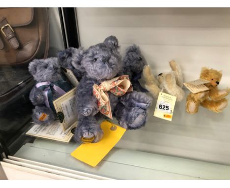 A STEIFF SMALL MOW HAIR BEAR TOGETHER WITH FOUR MERRYTHOUGH LIMITED EDITION LAVENDER BEARS 