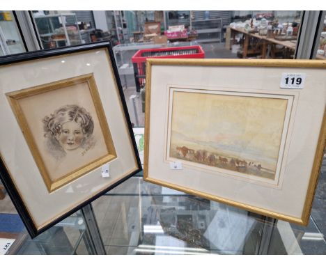 A WATERCOLOUR J MOUNTAIN, TOGETHER WITH A SKETCH PORTRAIT BY J C KITSON OF HIS SISTER EMILY.