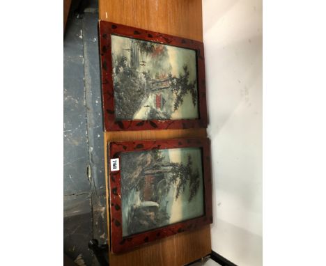 A PAIR OF ORIENTAL LACQUERED OIL ON PANEL PAINTINGS 
