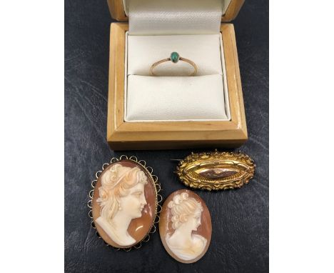 A HALLMARKED 9ct GOLD OVAL CAMEO PORTRAIT BROOCH, TOGETHER WITH A LOOSE CAMEO SHELL, A 9ct GOLD BROOCH WITH STEEL PIN, AND A 