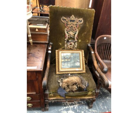 AN ANTIQUE WALNUT FRAMED LARGE ARM CHAIR WITH NEEDLE POINT TAPESTRY PANEL. 