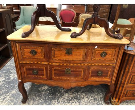 A LATE 19the C. OCHRE MARBLE TOPPED PARQUETRIED MAHOGANY COMMODE WITH TWO SERPENTINE FRONTED DRAWERS ABOVE SQUARE SECTION CAB