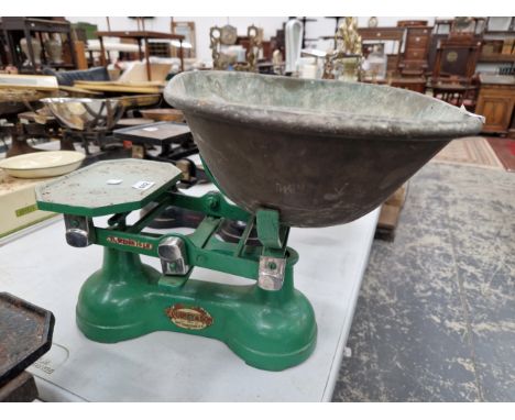 A QUINEY AND SON GREEN PAINTED SET OF SCALES TO WEIGH UP TO 14LBS