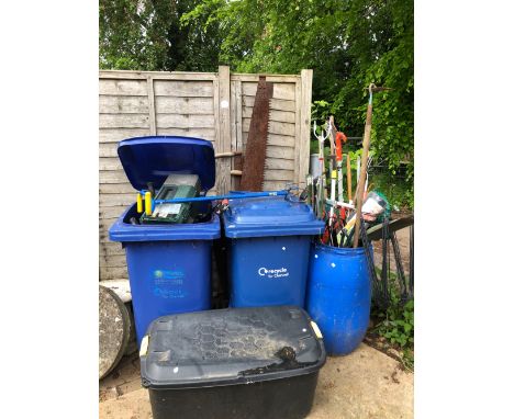 THREE LARGE BLUE BINS CONTAINING GARDEN TOOLS ETC