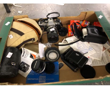 AN OLYMPUS CAMERA WITH SOME LENSES, A MINOX 35GL CAMERA AND A PENTAX ESPIO 738 CAMERA, ETC.