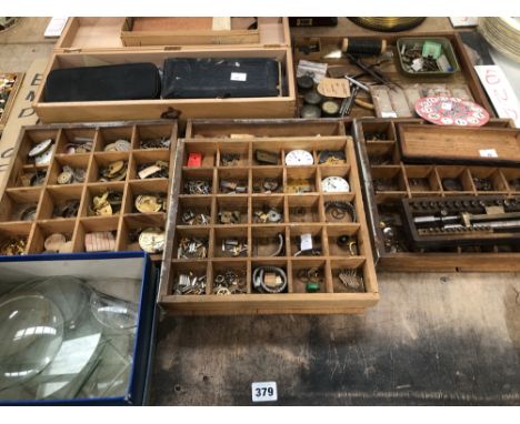 A QUANTITY OF WATCH MAKERS TOOLS WATCH AND CLOCK PARTS ETC.