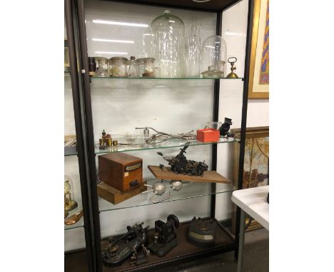 FIVE SHELVES OF CHEMISTRY GLASS WARE, MEDICAL AND SCIENTIFIC INSTRUMENTS