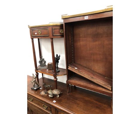 A MAHOGANY OPEN BOOK CASE WITH BRASS GALLERIED WHITE MARBLE TOP.   W 58 x D 21 x H 91 EN SUITE WITH A TWO TIER CONSOLE TABLE 