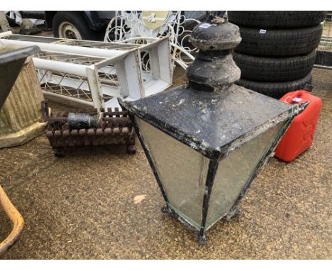 A VINTAGE POST LANTERN AND A CAST IRON FIR BASKET