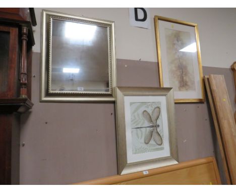 A MODERN SILVER FRAMED RECTANGULAR MIRROR AND TWO MODERN PRINTS
