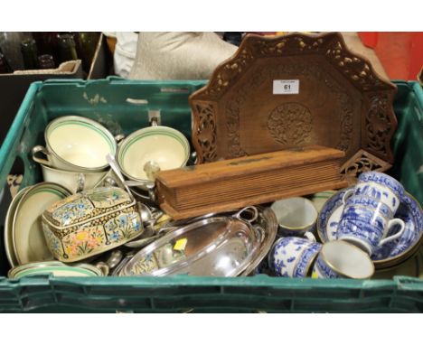 A TRAY OF ASSORTED CERAMICS ETC TO INC ORIENTAL COFFEE CANS AND SAUCERS