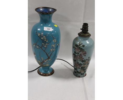 A LIGHT BLUE GROUND CLOISONNE VASE, TOGETHER WITH A SIMILAR LAMP BASE - BOTH A/F 