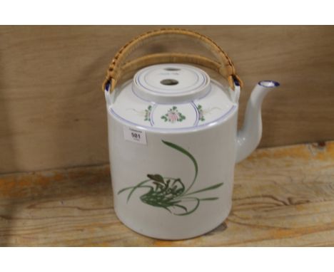 A LARGE CERAMIC ORIENTAL STYLE KETTLE WITH WICKER BOUND HANDLES