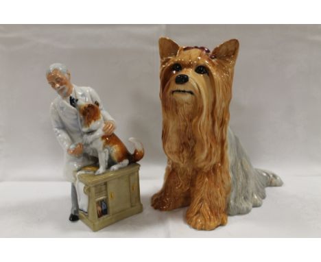 A ROYAL DOULTON FIGURINE 'THANKS DOC!' HN2731 TOGETHER WITH A BESWICK FIRESIDE YORKSHIRE TERRIER WITH DAMAGE TO BASE