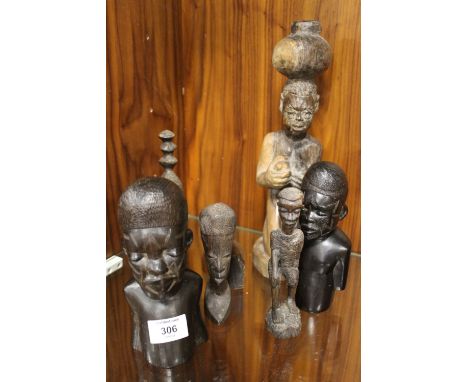 TWO TRIBAL ART EAST AFRICAN MAKONDE TANZANIA CARVED WOODEN BUSTS WITH FACIAL SCARIFICATION'S, AN AFRICAN CARVED STONE BUST AN