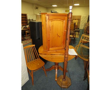 A HONEY PINE DROPLEAF TABLE, TWO CHAIRS, A CORNER CUPBOARD AND STANDARD LAMP (5)