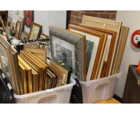 TWO TRAYS OF FRAMED AND GLAZED PICTURES AND PRINTS