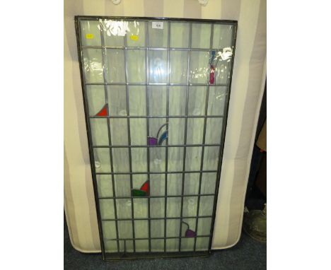 A GLAZED AND LEADED RECTANGULAR GLASS PANEL 115 X 58 CM 