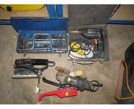 A CASED SOCKET SET, ANGLE GRINDER, SANDER, AEG DRILL ETC (5)