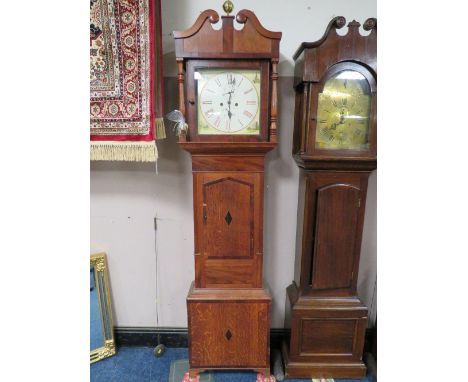 A NINETEENTH CENTURY OAK AND MAHOGANY LONGCASE CLOCK, with eight day movement, the painted face with subsidiary dated and sec