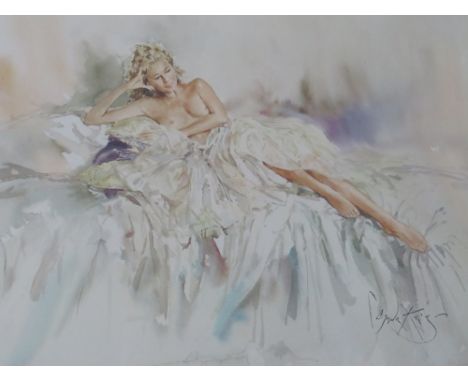 GORDON KING (b.1939). Study of a semi nude woman reclining on a bed 'Serena', signed in pencil lower right, coloured limited 