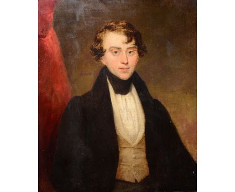 FOLLOWER OF SIR THOMAS LAWRENCE  Portrait of a young gentleman with parted curly brown hair wearing white stock, cream waistc