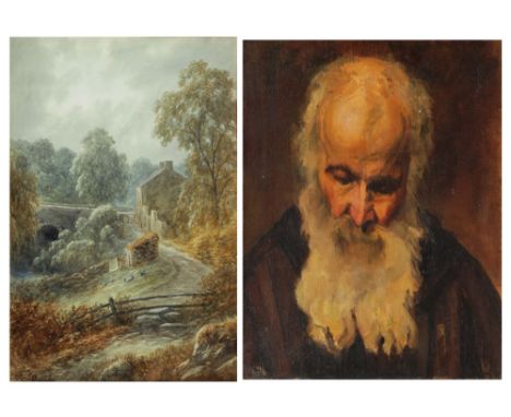 19TH CENTURY CONTINENTAL SCHOOL 'Portrait of a bearded gentleman', oil on canvas, 45 x 37cm; and G* Alexander, a country road