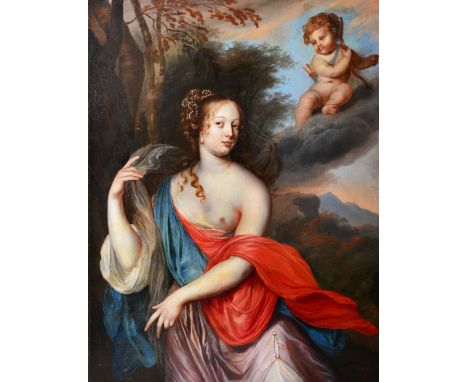 PIETER VERELST (C.1618-C.1678) Portrait of a classical maiden with cupid in a landscape setting, signed 'P Verelst f.' and da