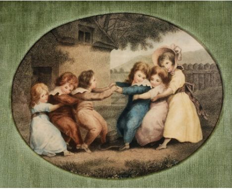 19TH CENTURY ENGLISH SCHOOL Children playing at tug-of-war, stipple engraving, hand coloured, 33 x 44cm oval; and four furthe