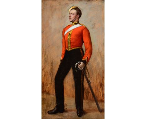 WILLIAM FITZ (C.1880 - C.1915) Full length portrait of a soldier in military attire holding a sword, signed and dated 1886, o