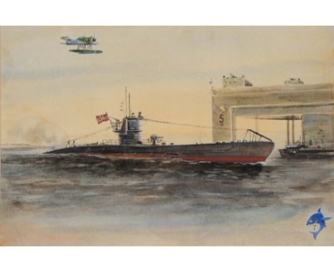 GERMAN SCHOOL (EARLY 20TH CENTURY) Portrait of a Nazi submarine with aircraft overhead, indistinctly signed? Wilhelm Shauk an