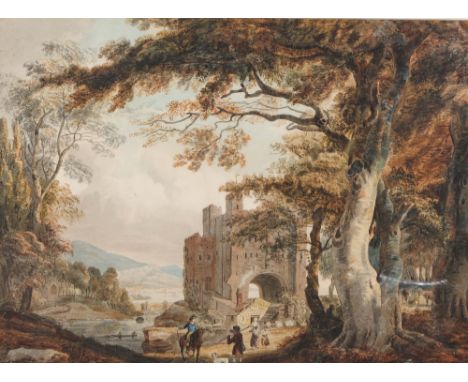 WILLIAM RENWICK Figures at a castle entrance off the coast, faintly signed (on tree trunk), pen, ink and watercolour, 46 x 63