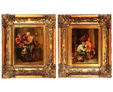 FOLLOWER OF DAVID TENIERS Tavern interiors with three pipe smokers, a pair, oil on canvas, 36 x 28cm (2)