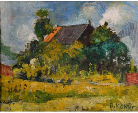 R KOHLER A sun drenched farmstead, signed, oil on canvas, 39 x 49.5cm