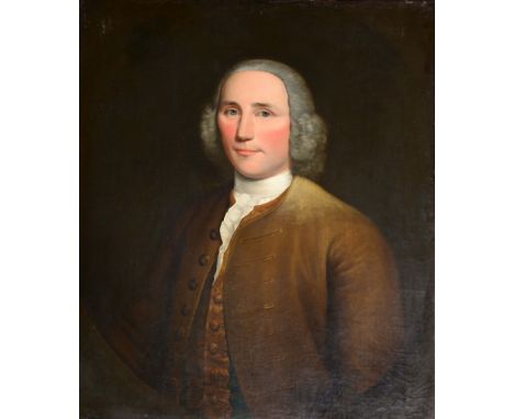 CIRCLE OF JOSEPH HIGHMORE (1692 - 1782) Portrait of a gentleman wearing powdered wig, white stock and buttoned brown tunic, o