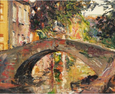20TH CENTURY SCHOOL: River bridge, Bruges, oil on panel, 26cm