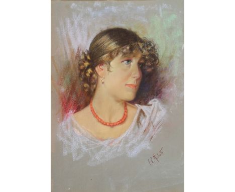 FRANCESCO PAOLO MICHETTI (1851-1929) Head and shoulders portrait of a female beauty wearing coral necklace, signed, pastels, 