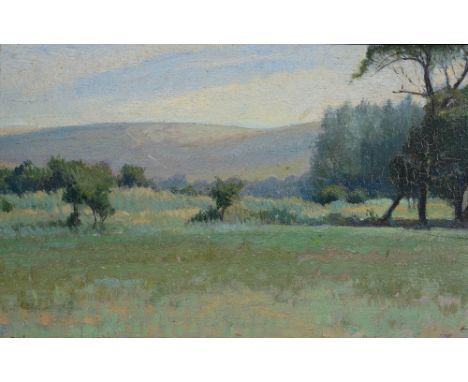 SIR ALFRED EAST (1849-1913) Landscape with trees looking towards distant hills, signed with monogram, oil on panel, 16.5 x 26