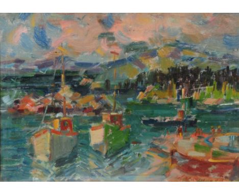 T * MCUTCHEON (20TH CENTURY) Moored fishing boats in a busy harbour in the colourist manner, signed and indistinctly dated, o
