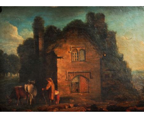 18TH CENTURY ENGLISH SCHOOL Figures and cattle by a country cottage in a landscape, oil on panel, 19cm x 26cm 