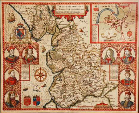 JOHN SPEEDE 'The Countie Pallatine of Lancaster Described', double-page engraving with vignette aerial plan of Lancaster and 