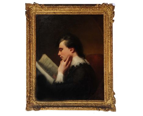 CIRCLE OF SIR JOSHUA REYNOLDS (1723-1792) Side profile portrait of a gentleman wearing lace trimmed collar and black jacket, 