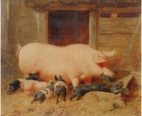 JOHN FREDERICK HERRING SENIOR (1795-1865) Sow with her piglets at a trough signed 'JF Herring Senr', and dated 1853 oil on pa