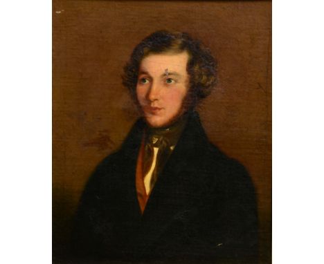 FOLLOWER OF GEORGE RICHMOND Half length portrait of a young gentleman with wavy hair and wearing a cravat and dark jacket, oi