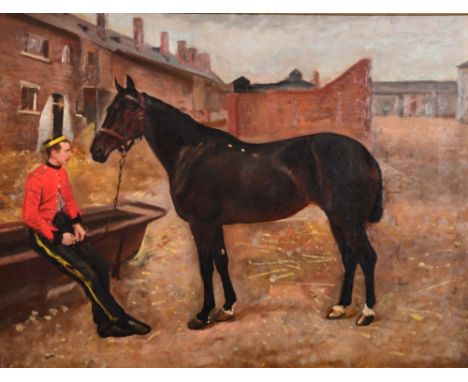 WILLIAM EDWARD MILLNER (1849-1895) Portrait of a bay horse with officer seated on a drinking trough, signed with monogram and